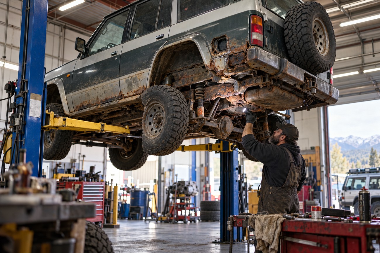 A mechanic inspecting heavy rust on the frame of a Nissan Patrol Y60 lifted on a hydraulic hoist in a workshop