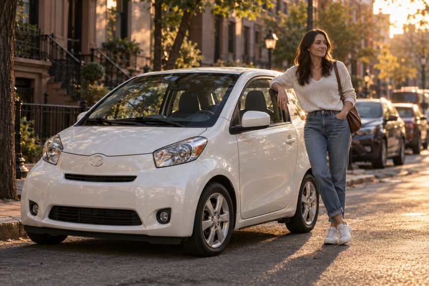 A smiling woman in casual clothes leaning against a compact white Toyota iQ parked on a sunny city street