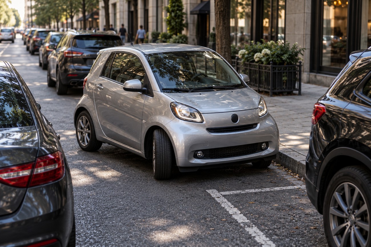 Silver Toyota iQ compact city car parked tightly on a downtown street between larger vehicles
