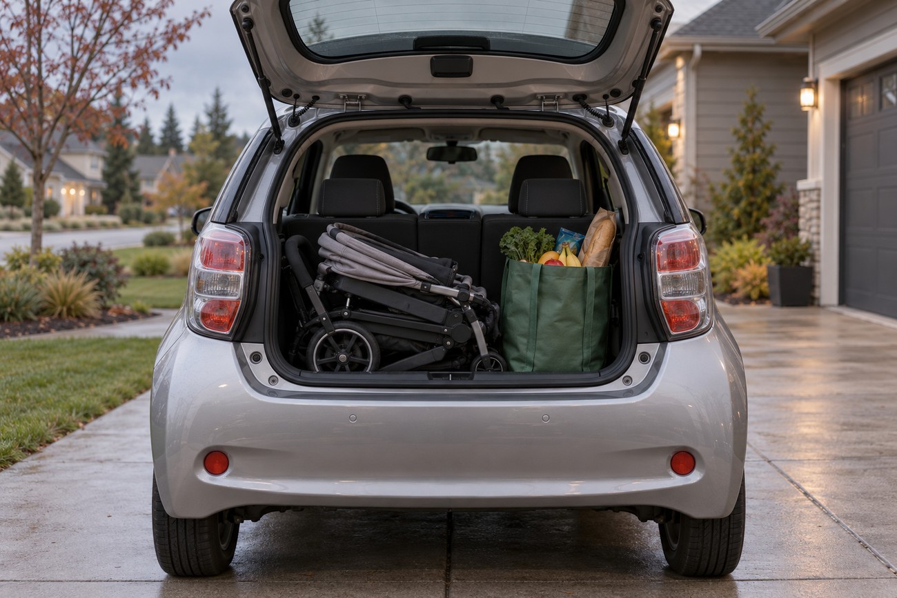 Rear view of a silver Toyota iQ with the trunk open containing a folded stroller and a grocery bag parked in a driveway