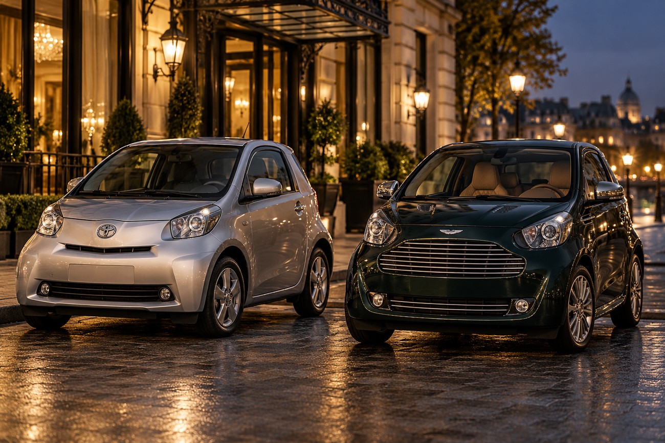 A silver Toyota iQ and a dark green Aston Martin Cygnet parked side by side on a wet urban street at night