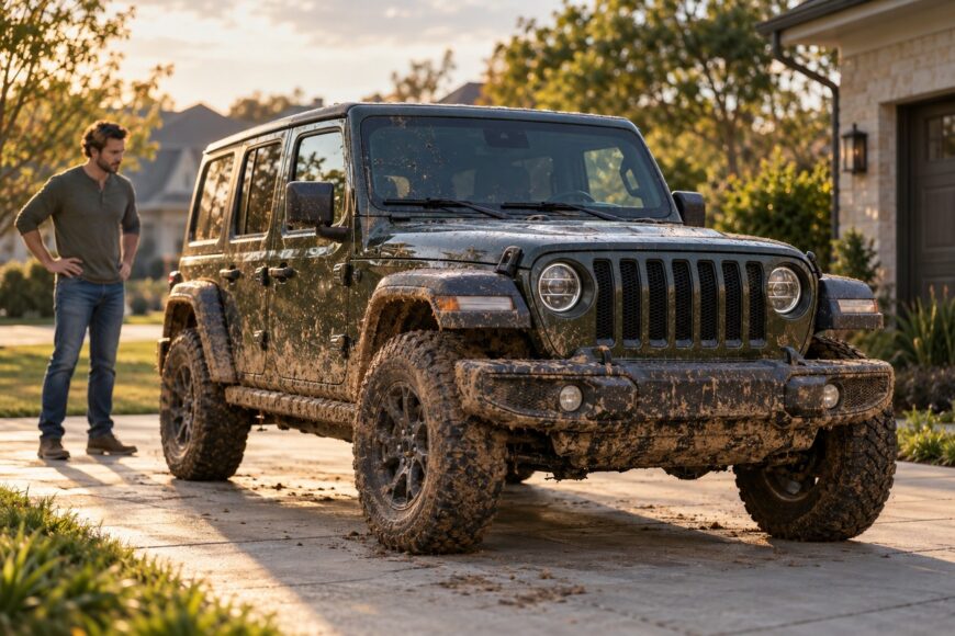 Frustrated car owner looking at his muddy Jeep Wrangler parked in a suburban driveway after an unauthorized off-road trip