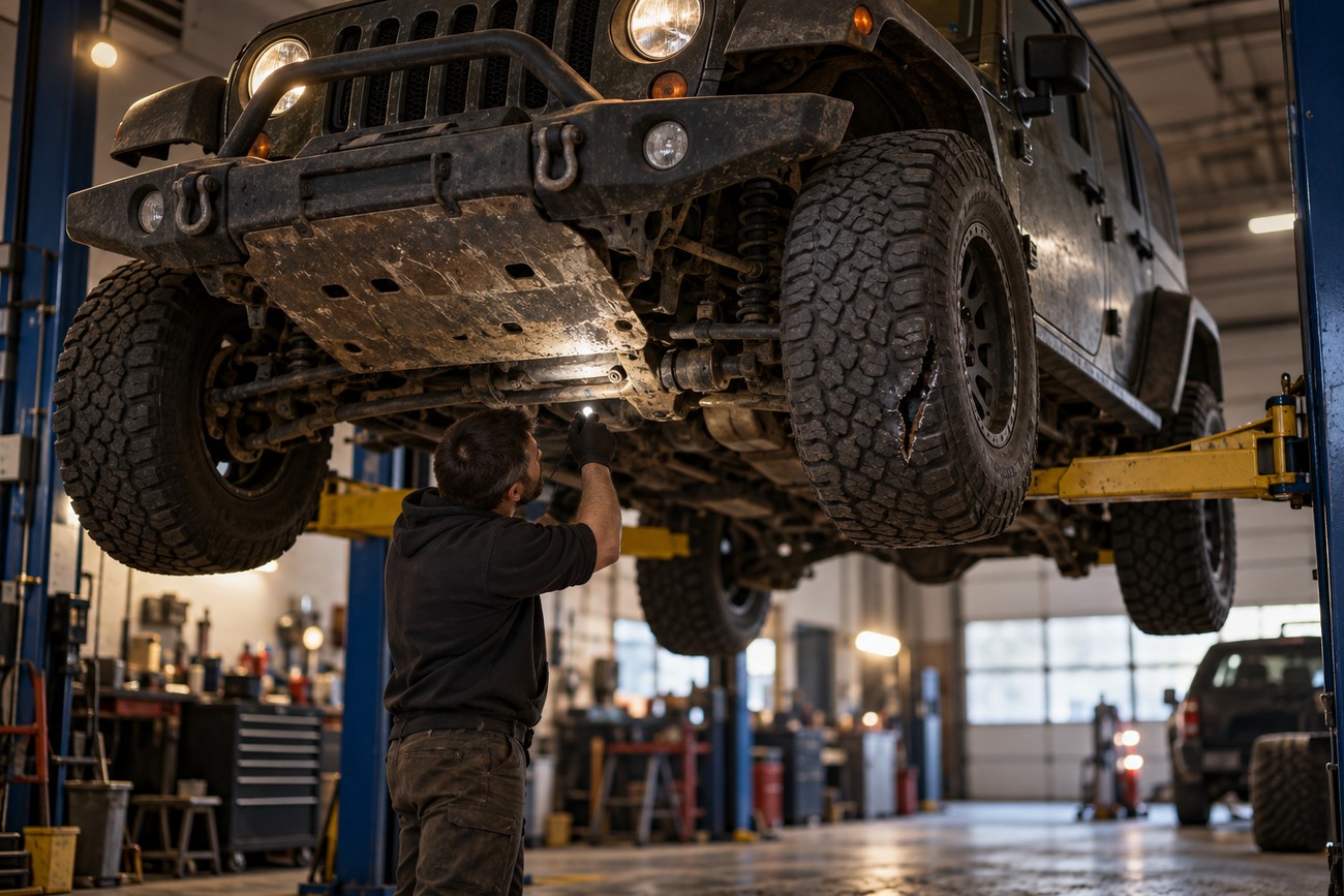 Mechanic with a flashlight inspecting the undercarriage and damaged tire of a lifted Jeep Wrangler in an auto repair shop