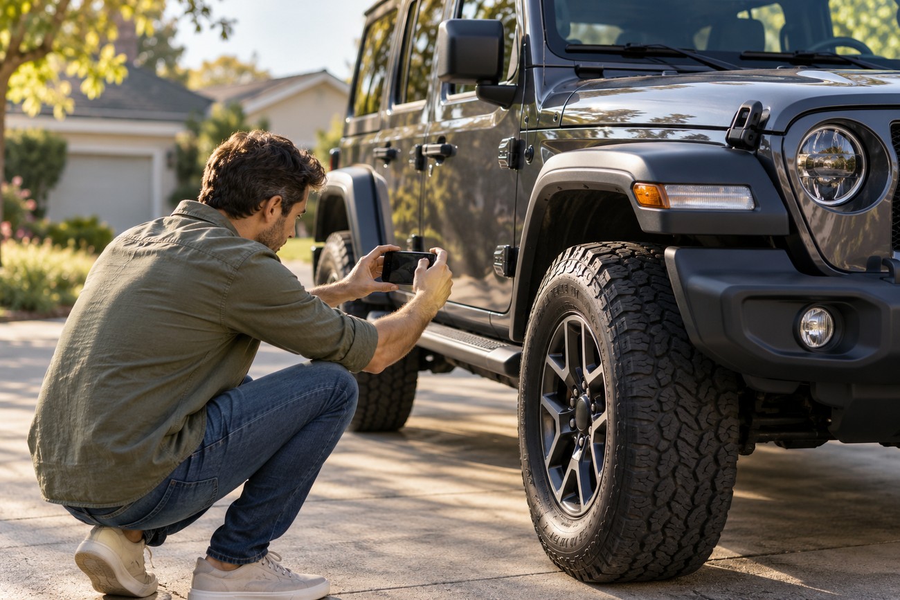 Car owner crouching down to take smartphone photos of the side and front tire of a dark gray Jeep Wrangler parked in a driveway