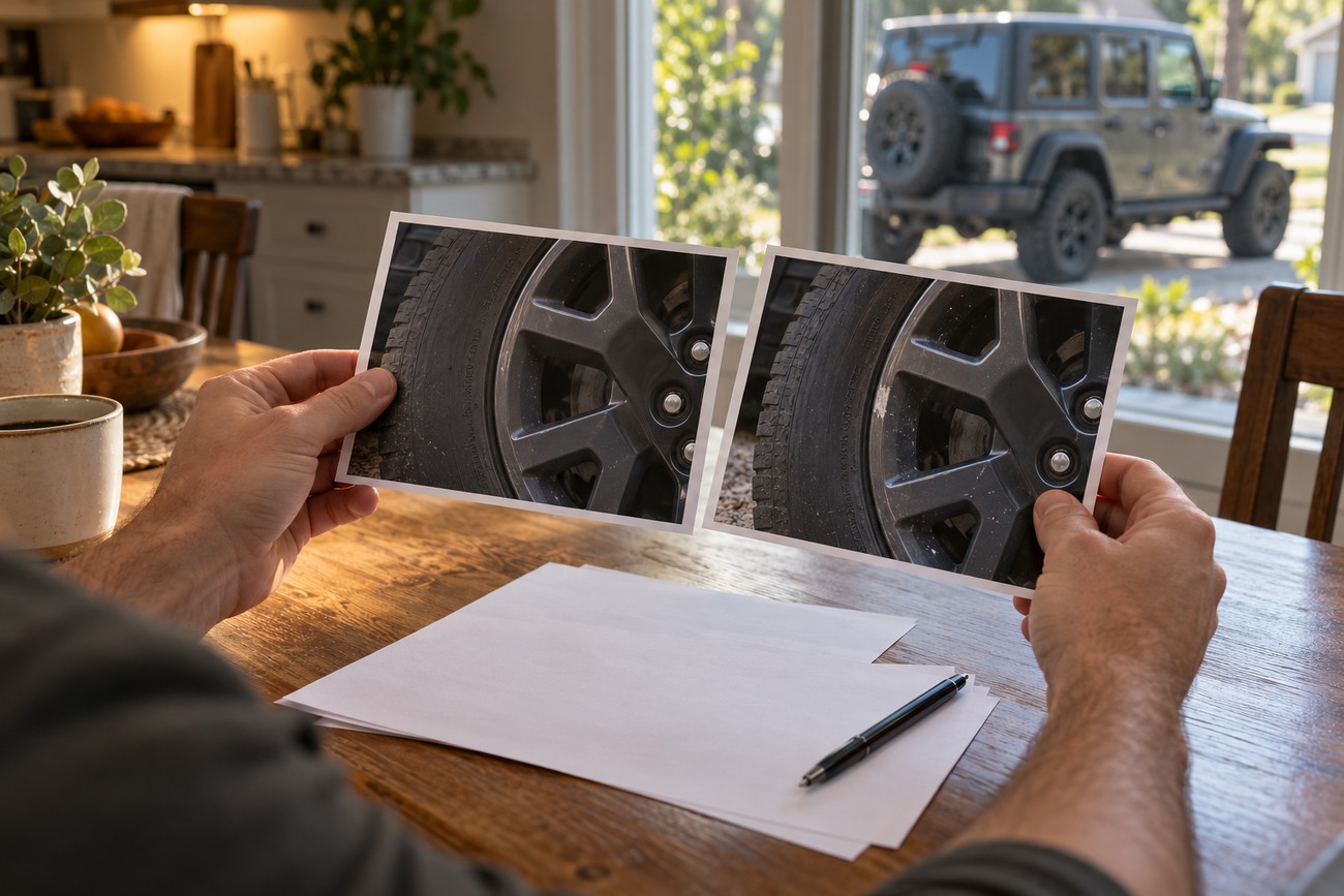 Host comparing printed photographs of scratched Jeep Wrangler wheels at a wooden table with the vehicle parked outside