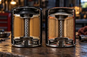 Two cut-open oil filters standing side by side on a workbench showing internal filter media and metal components
