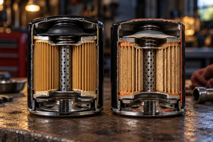 Two cut-open oil filters standing side by side on a workbench showing internal filter media and metal components