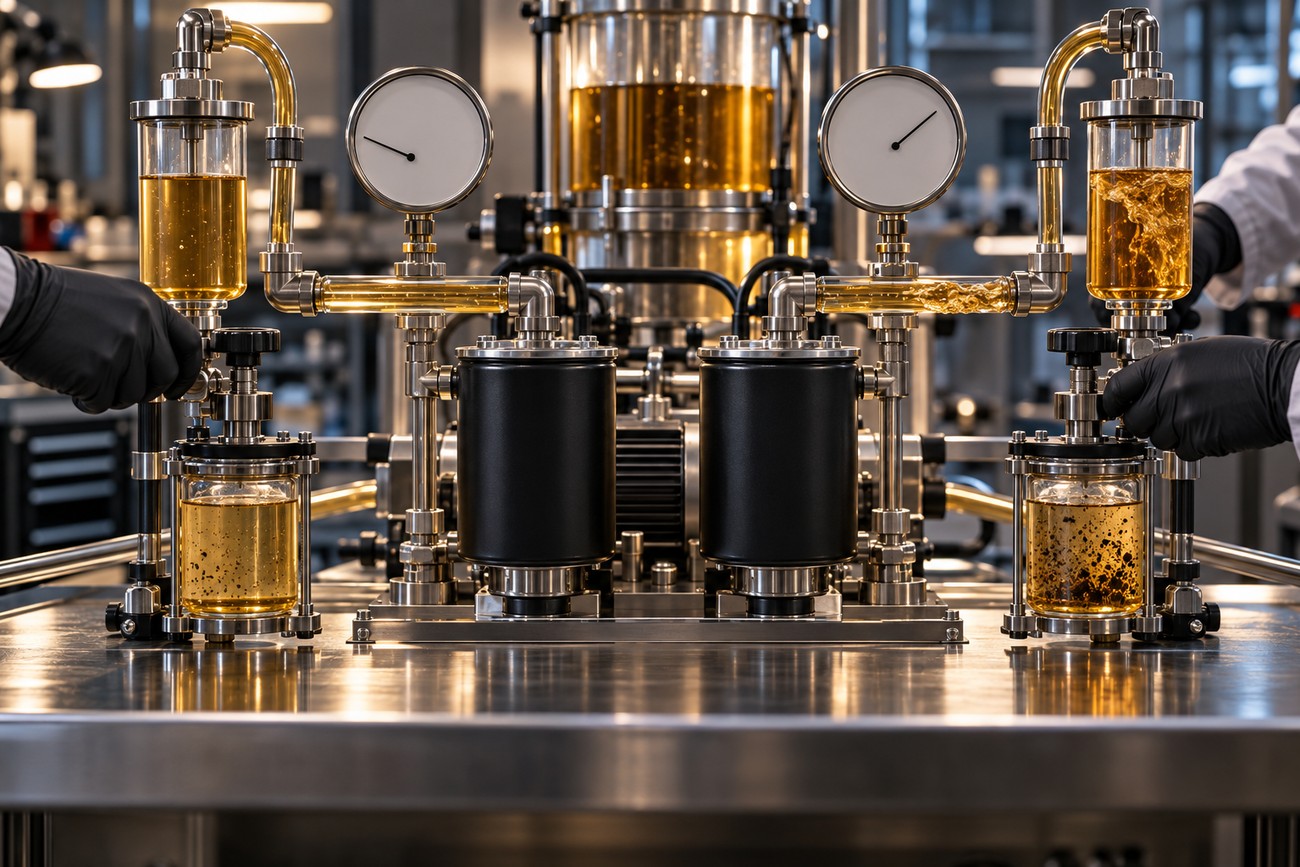 A complex laboratory testing rig with transparent oil filters and pressure gauges being operated by technicians in gloves