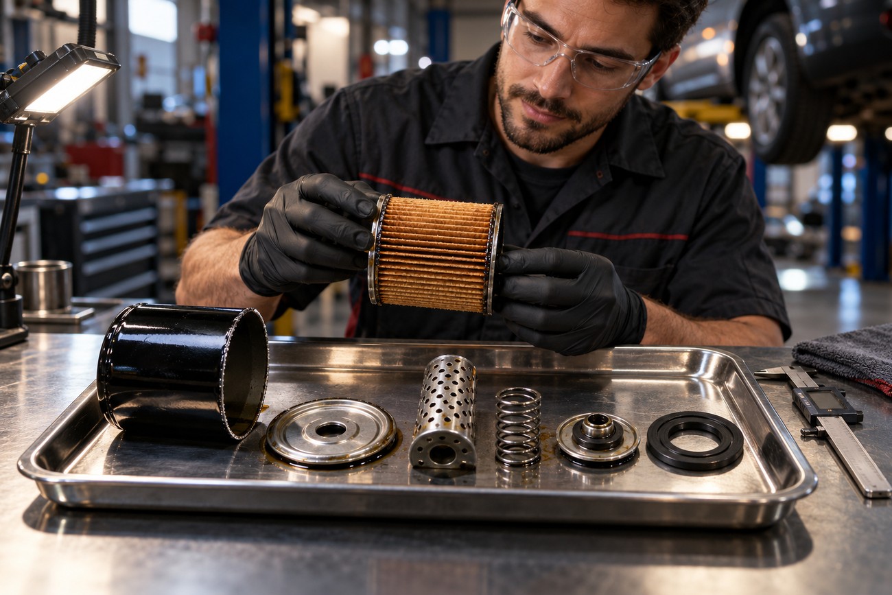 A mechanic wearing safety glasses and black gloves inspecting a pleated oil filter element above disassembled parts on a metal tray