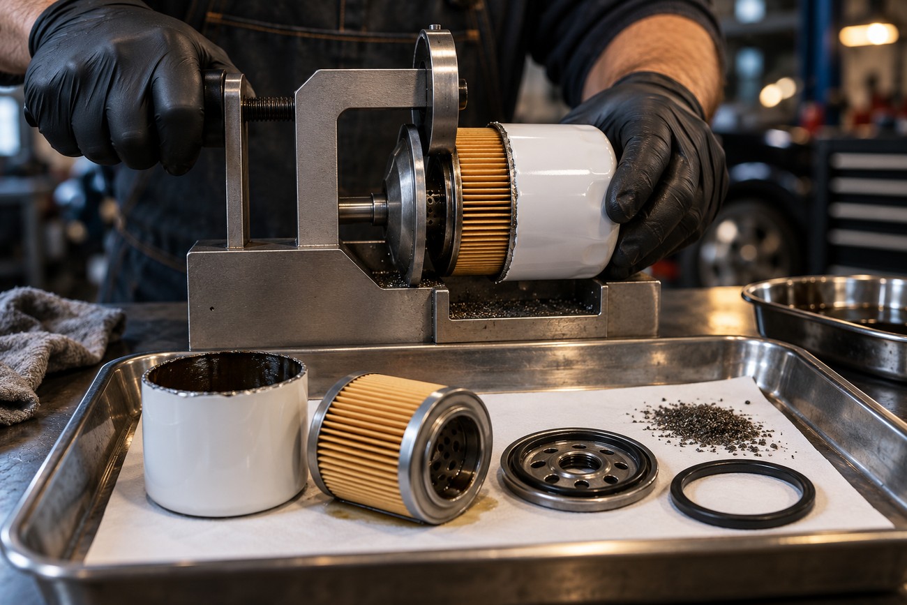 Mechanic wearing black gloves using a cutting tool on an oil filter with disassembled parts in a tray
