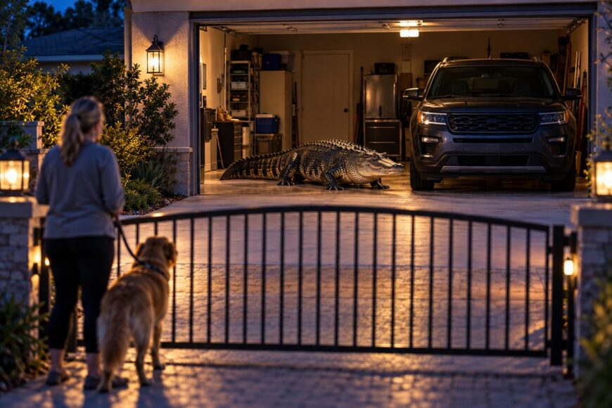 A large alligator inside a lit home garage standing next to a parked dark Ford Explorer while a woman and her dog watch from the driveway