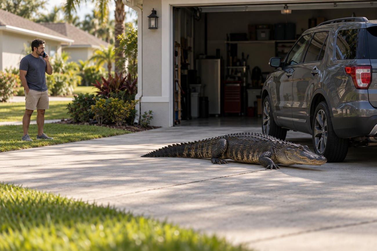 A large alligator lying on the driveway next to a gray Ford Explorer while a man watches and talks on his phone