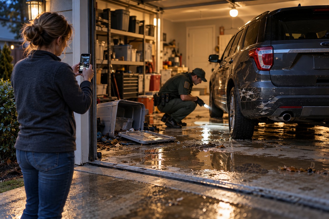 Woman taking a photo with her phone of a wildlife worker inspecting a messy garage next to a Ford Explorer
