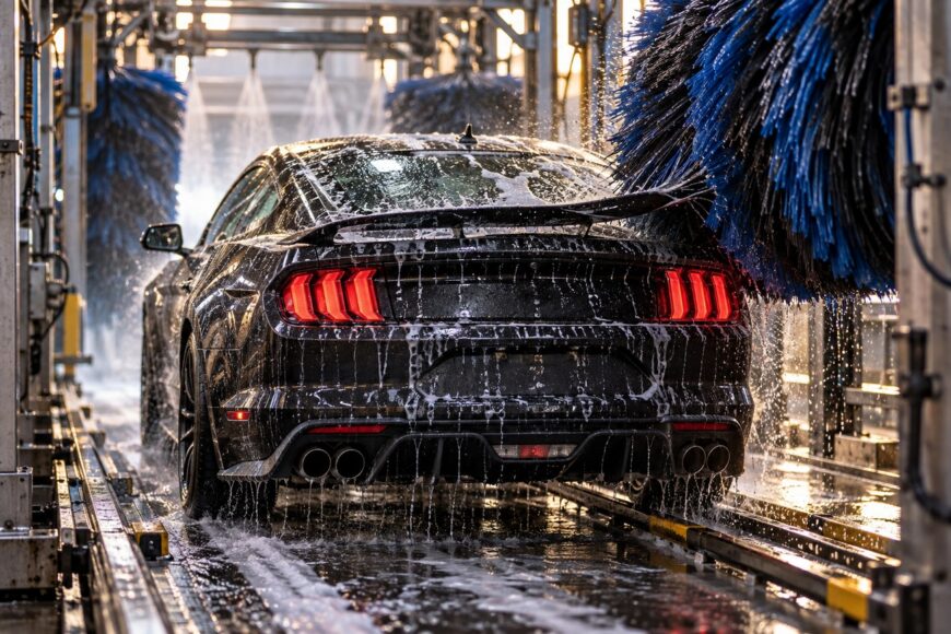 A dark Ford Mustang covered in soap inside an automatic car wash tunnel with rotating blue brushes