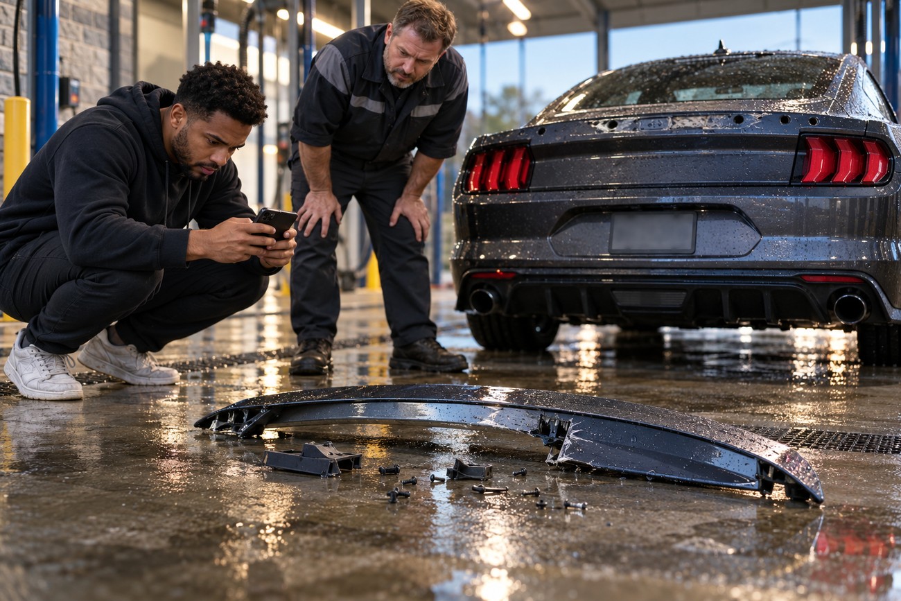 Car owner taking photos of his damaged Mustang spoiler lying on the wet floor with a mechanic looking on