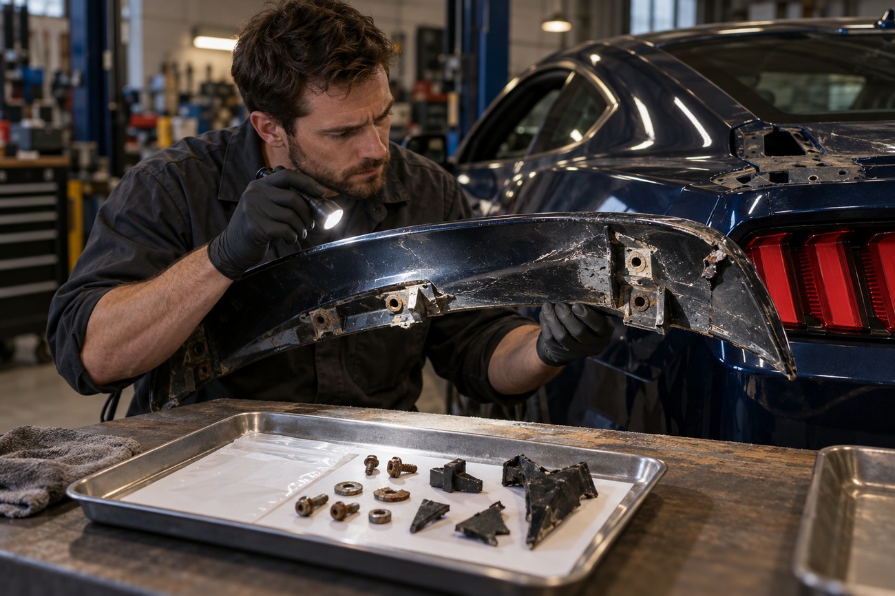 Mechanic wearing black gloves inspecting a damaged black Ford Mustang spoiler with broken mounting brackets in a workshop