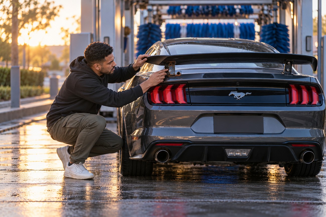 A man crouching behind a gray Ford Mustang inspecting a broken rear spoiler damaged at an automatic car wash