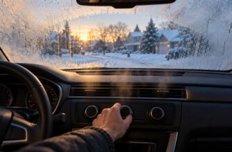 A driver's hand adjusting the dashboard climate control knob to defog the frosted car windshield in winter