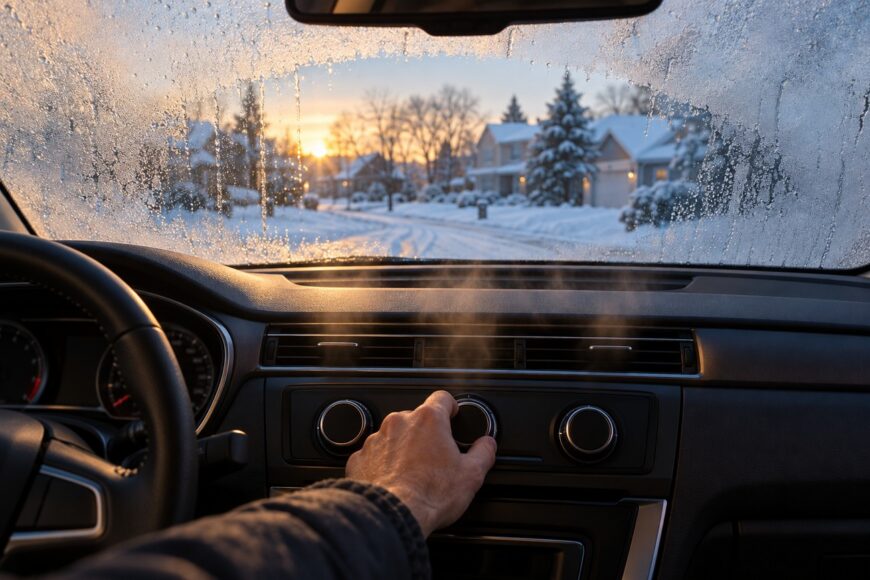A driver's hand adjusting the dashboard climate control knob to defog the frosted car windshield in winter