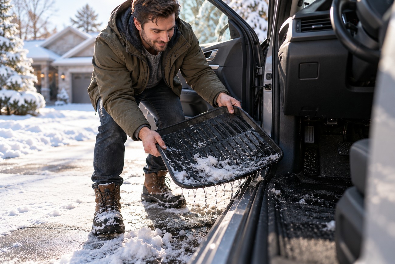A man in a winter jacket removes a rubber floor mat filled with snow from his car to reduce moisture