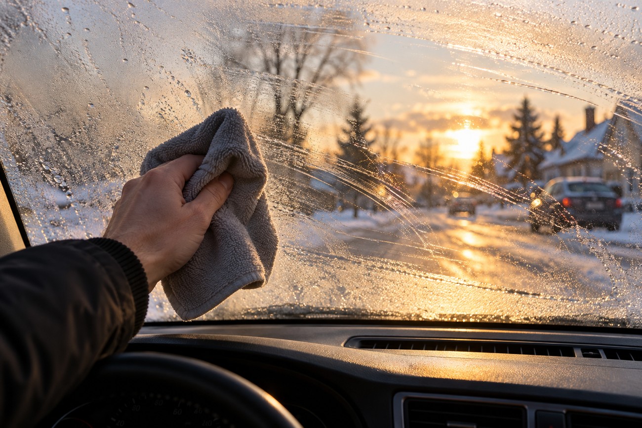 A person wiping condensation from the inside of a car windshield with a grey cloth during a winter morning