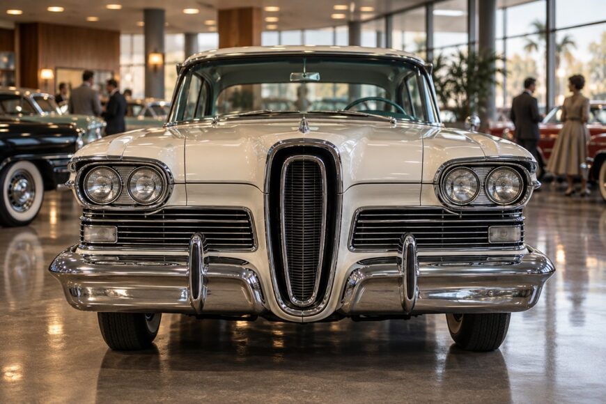 Front view of a classic white Ford Edsel highlighting the distinctive vertical horse-collar grille parked inside a showroom