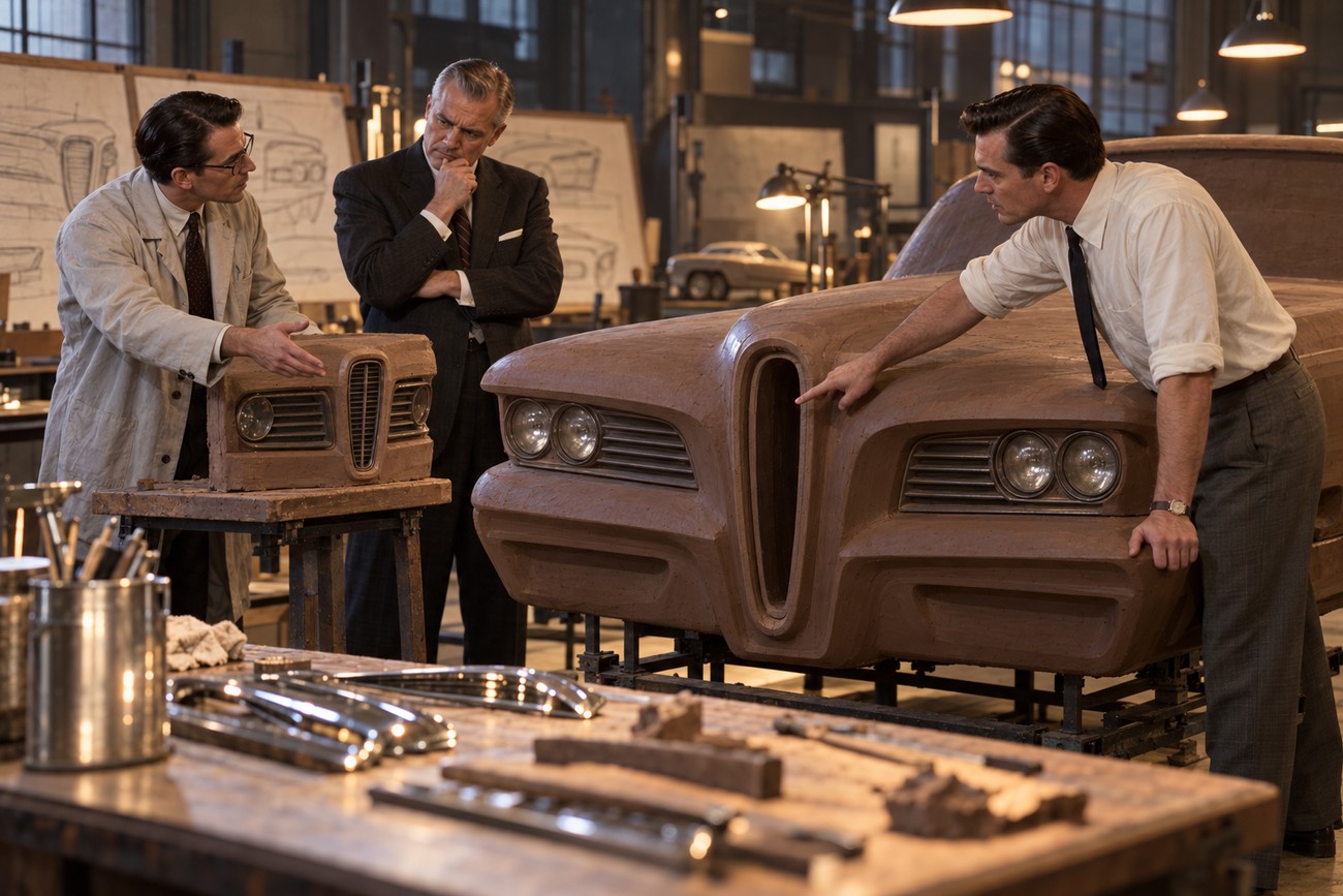 Three men in a design studio examining a clay car model with a horse-collar grille