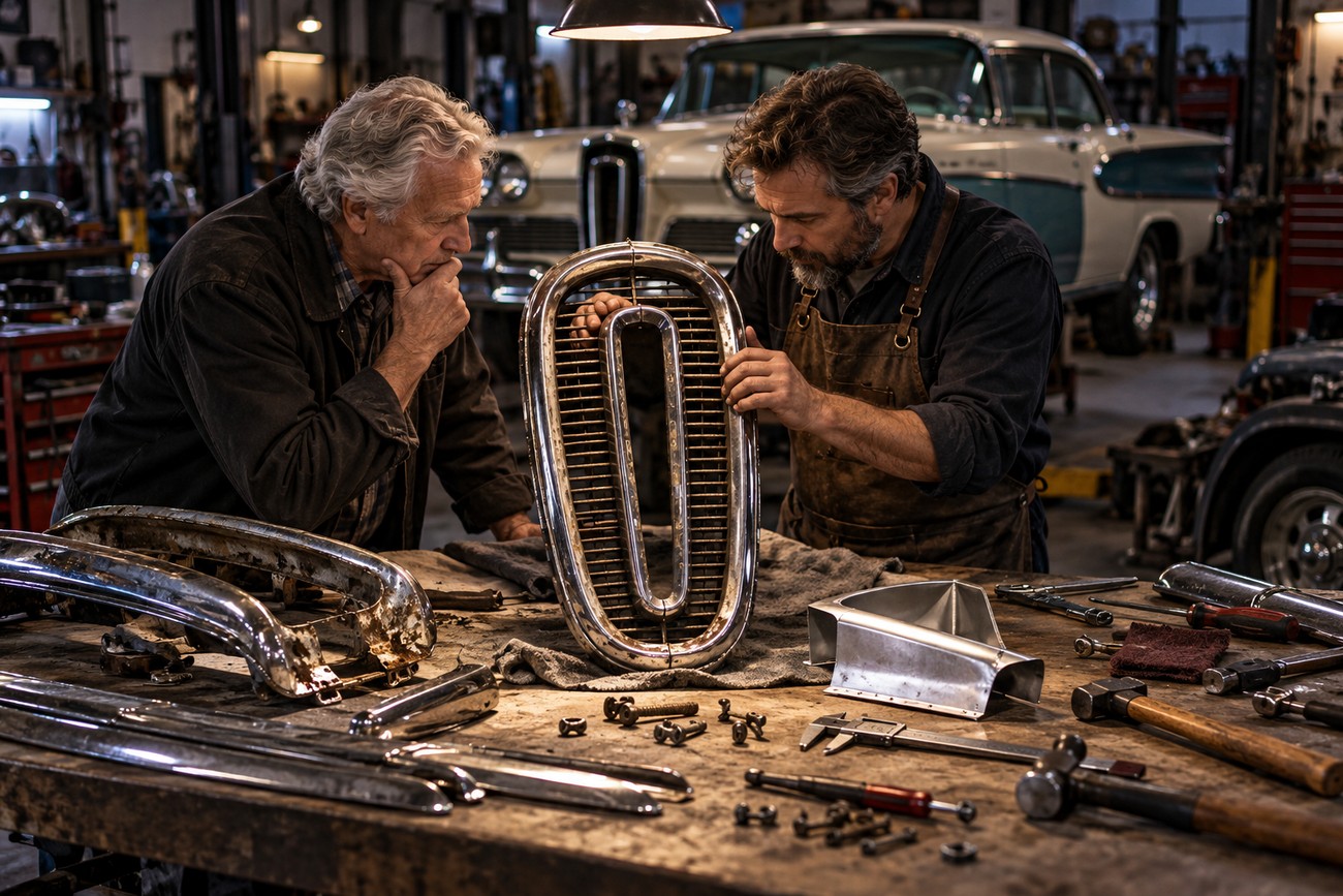 Two mechanics inspecting a chrome horse-collar grille on a workbench in a classic car restoration garage
