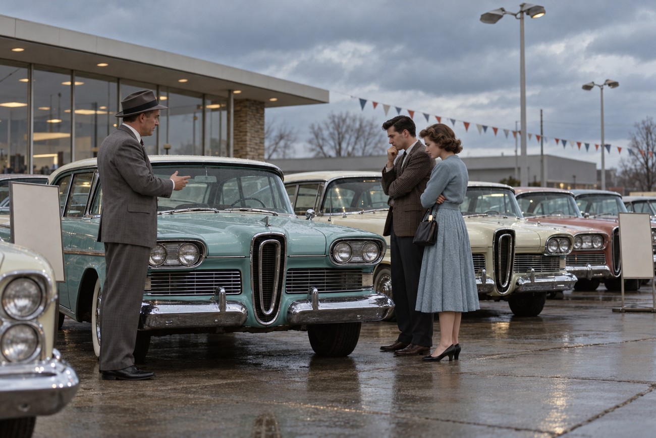A salesman gesturing toward a light blue Ford Edsel while a couple looks skeptically at the car in a dealership lot