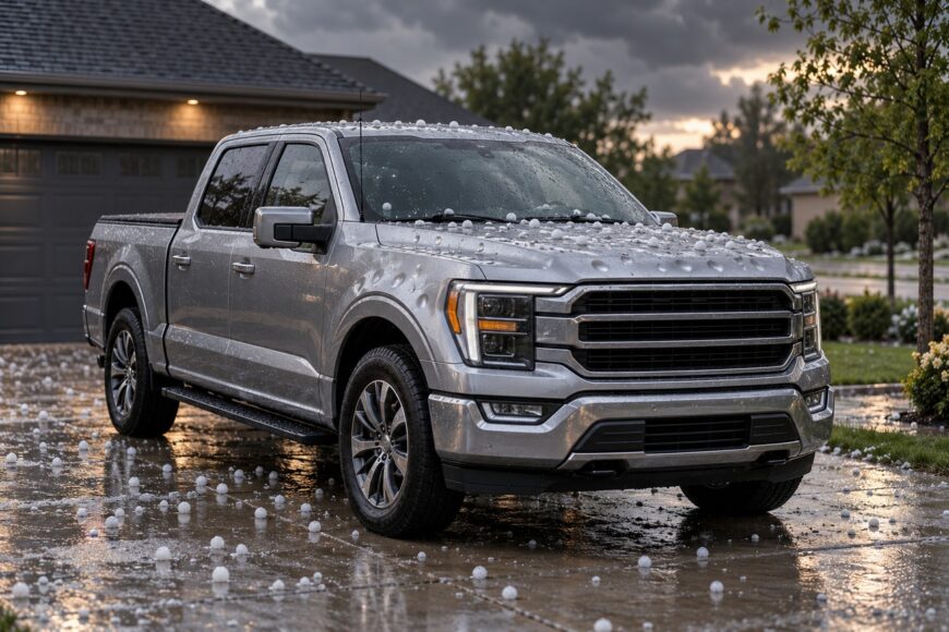 Silver Ford F-150 truck parked in a wet driveway covered in golf ball sized hail stones with dents visible on the aluminum hood