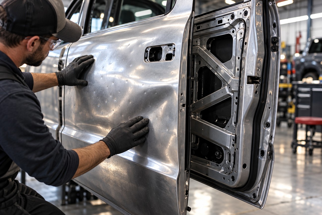 Mechanic wearing black gloves inspecting hail dents on an aluminum Ford F-150 truck door in a repair shop