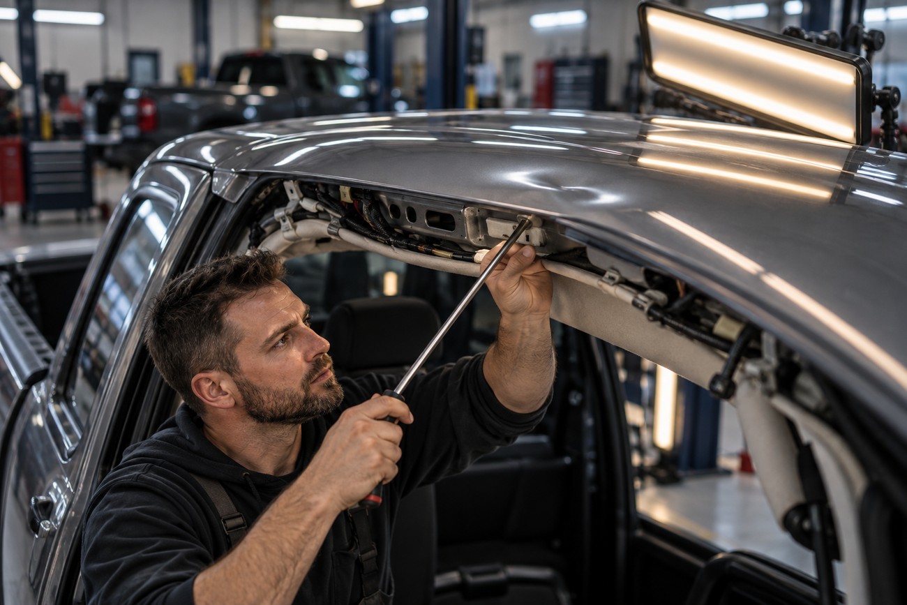 A mechanic using a tool to repair golf ball hail dents on the aluminum roof frame of a Ford F-150 truck inside a workshop
