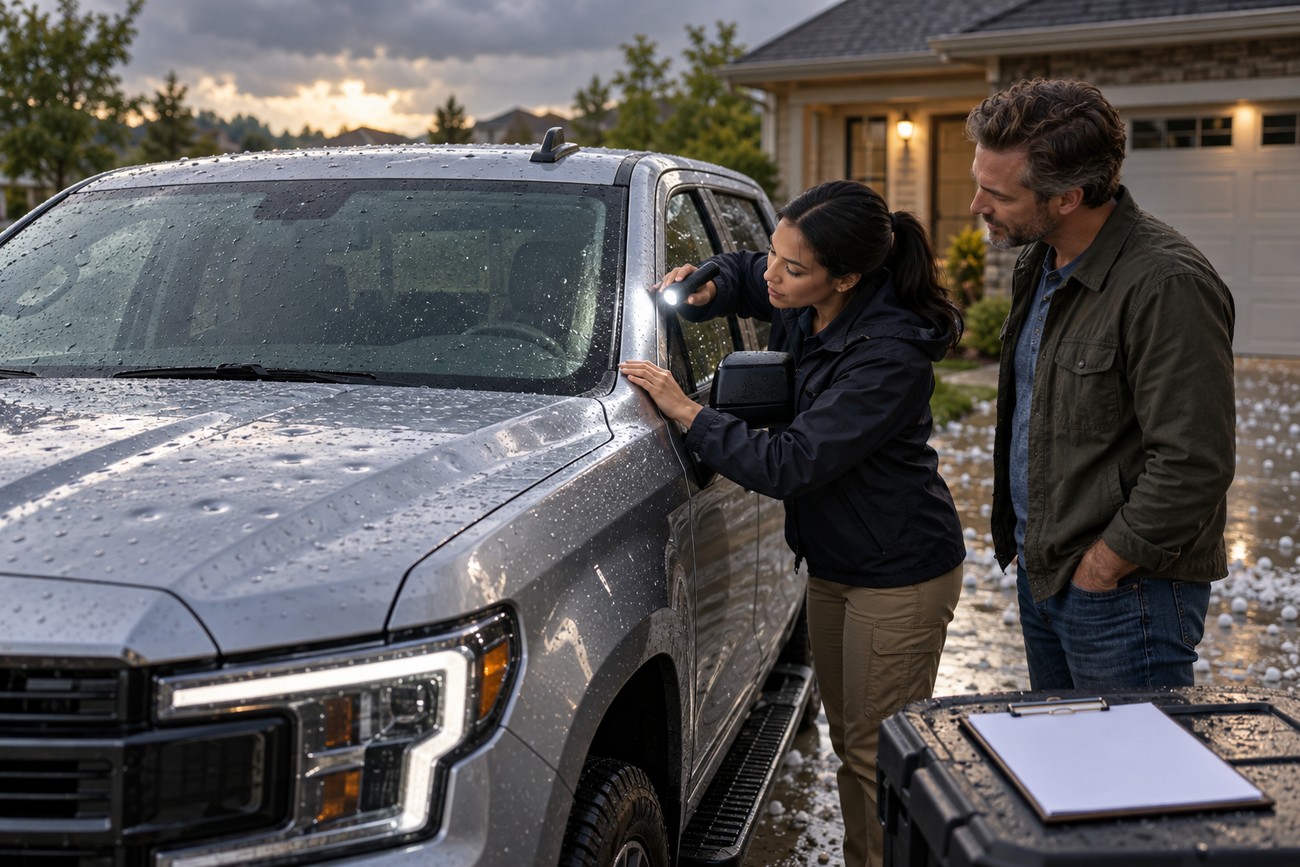 An insurance adjuster uses a flashlight to inspect golf ball hail dents on the aluminum body of a silver Ford F-150 while the owner watches