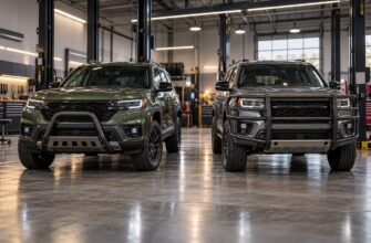 Two modern SUVs equipped with a bull bar and a full grille guard parked inside a professional auto repair shop