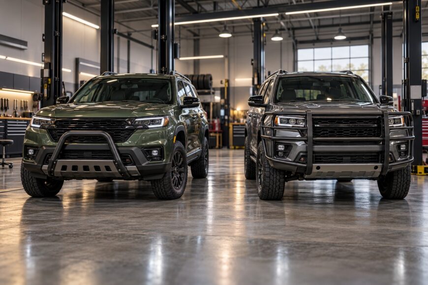 Two modern SUVs equipped with a bull bar and a full grille guard parked inside a professional auto repair shop
