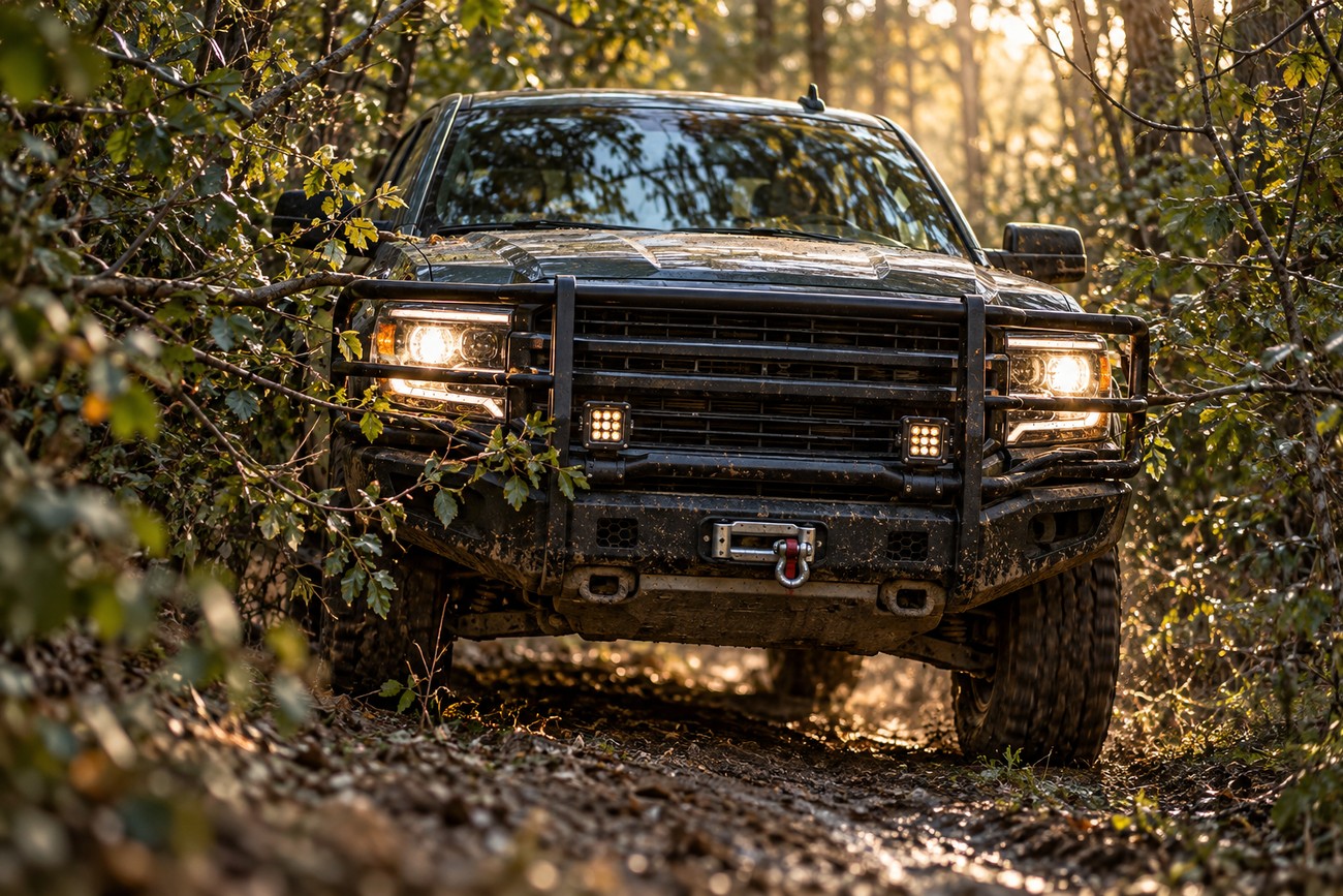 A dark off-road pickup truck with a heavy-duty grille guard driving through a dense forest trail with illuminated headlights