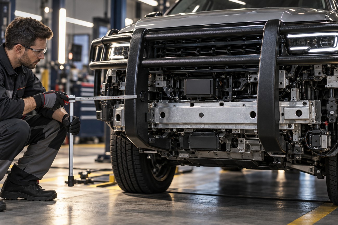 A mechanic wearing safety glasses uses a tool to measure and install a heavy black grille guard on a truck in a workshop