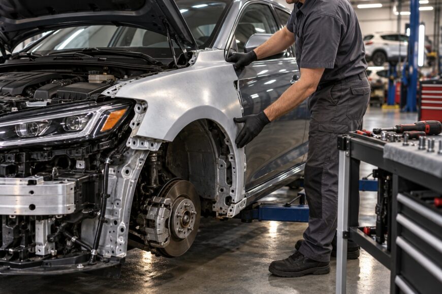 Mechanic wearing black gloves aligns a new replacement fender on the side of a car in a repair shop