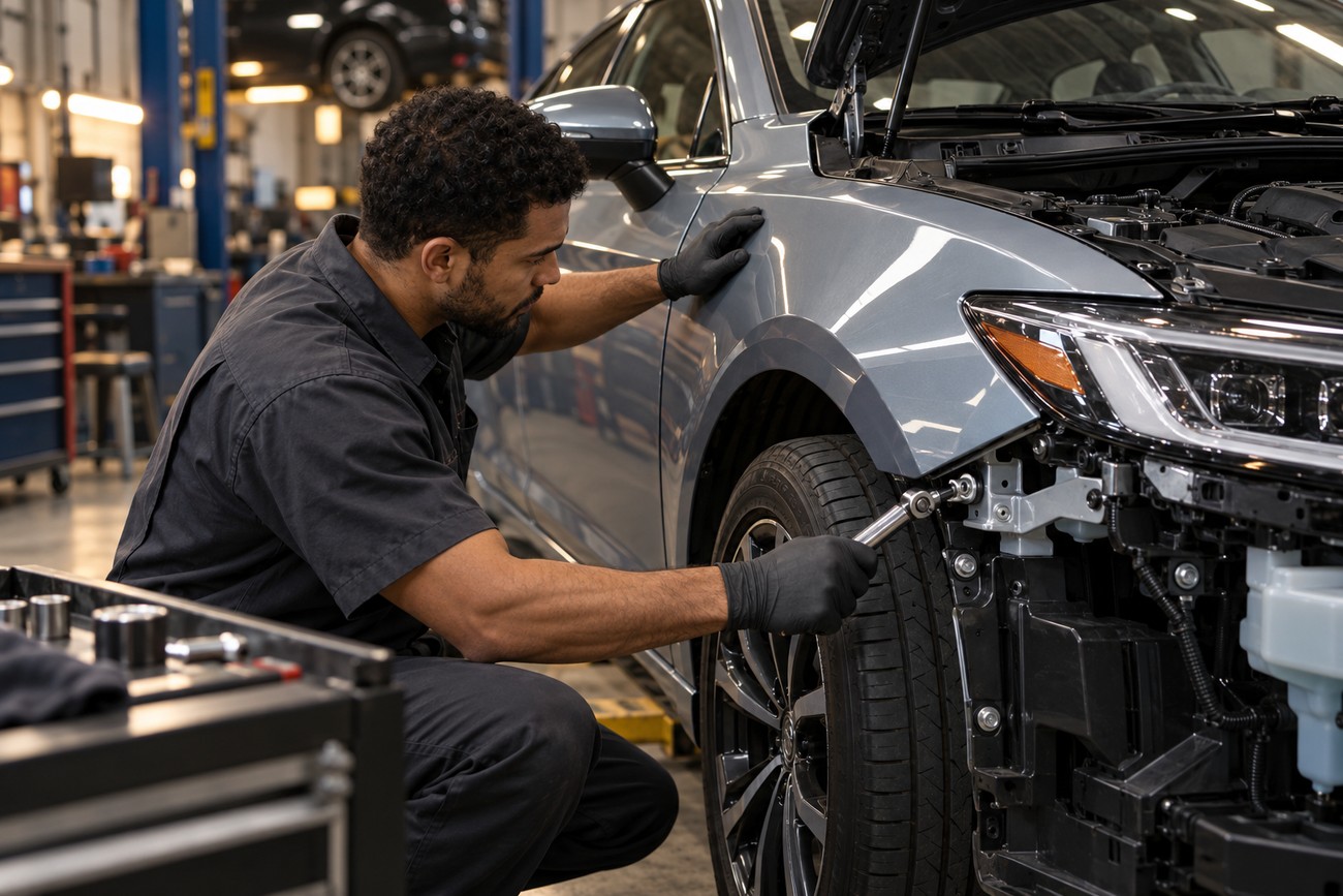 A mechanic in a workshop using a tool to tighten bolts on a replacement car fender