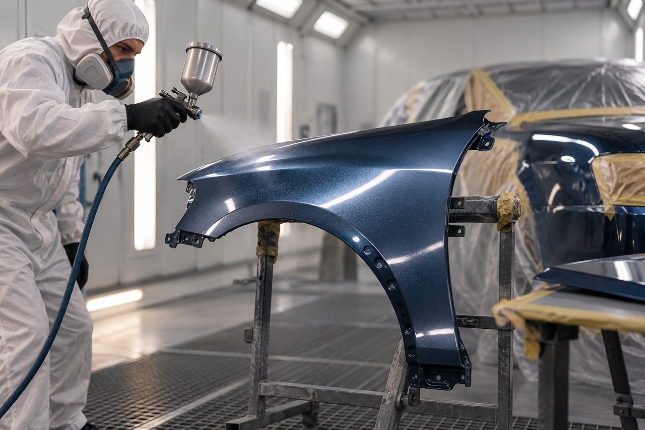 A technician in protective gear uses a spray gun to paint a replacement car fender in a booth