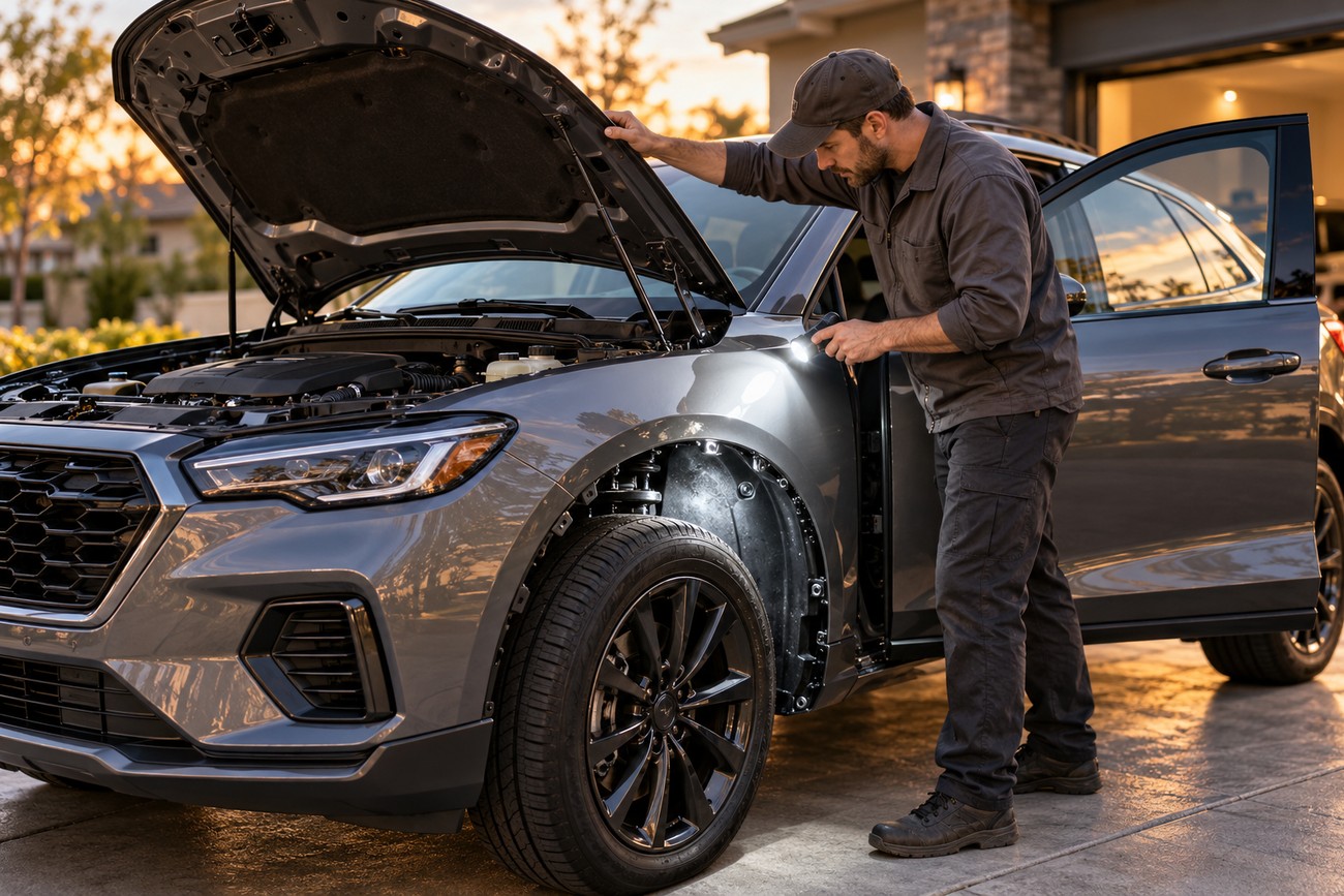 Mechanic using a flashlight to inspect the front fender and wheel well area of a modern grey SUV