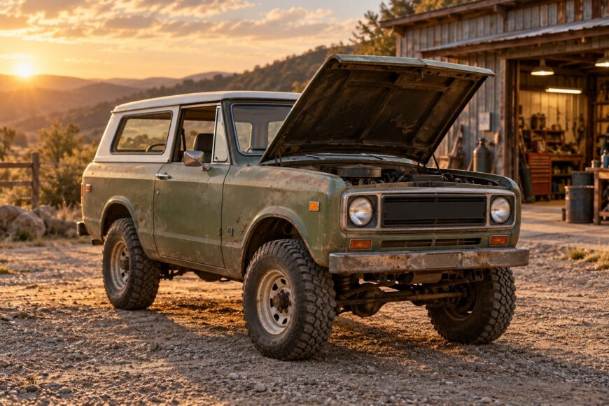 Classic green International Scout II off-roader parked with its hood open in front of a rustic barn at sunset