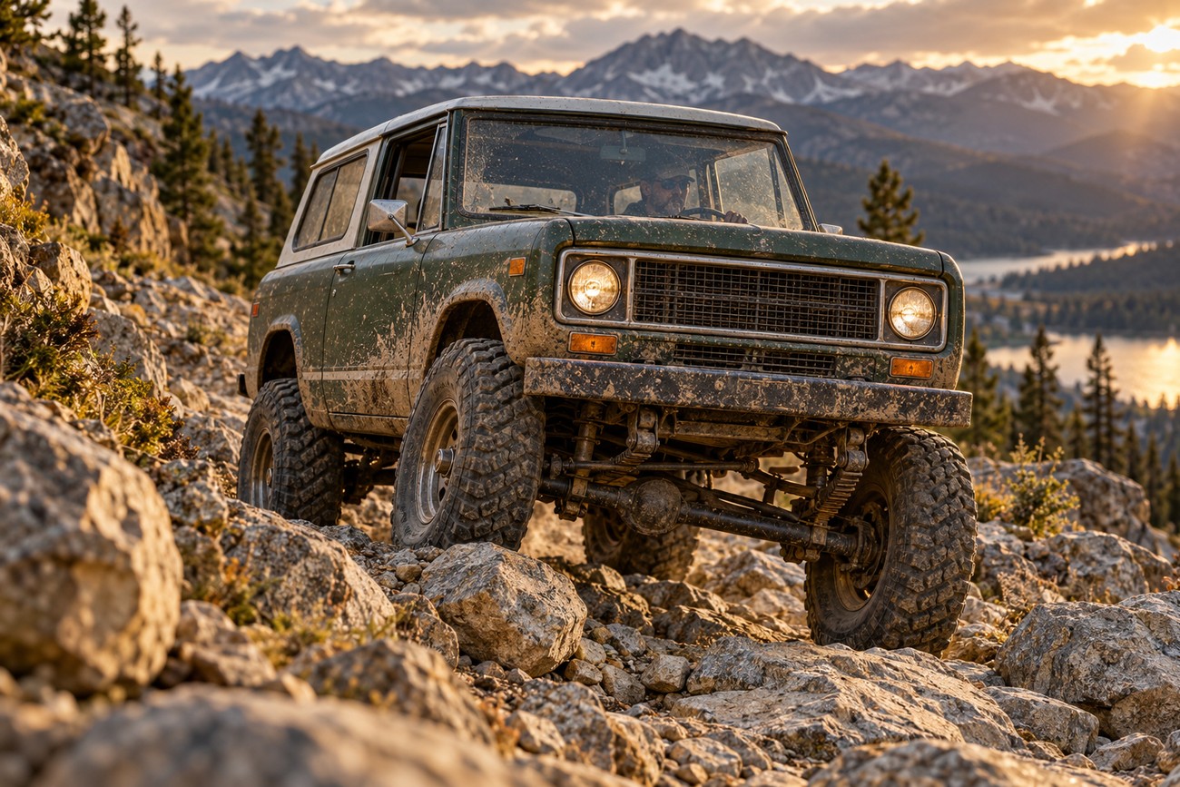 A vintage green International Scout II off-roader drives over rocky terrain with mountains and a lake in the background