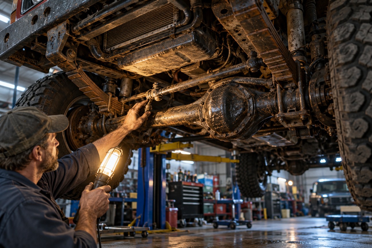 Mechanic holding a work light inspecting the muddy suspension and front axle undercarriage of an International Scout II off-roader