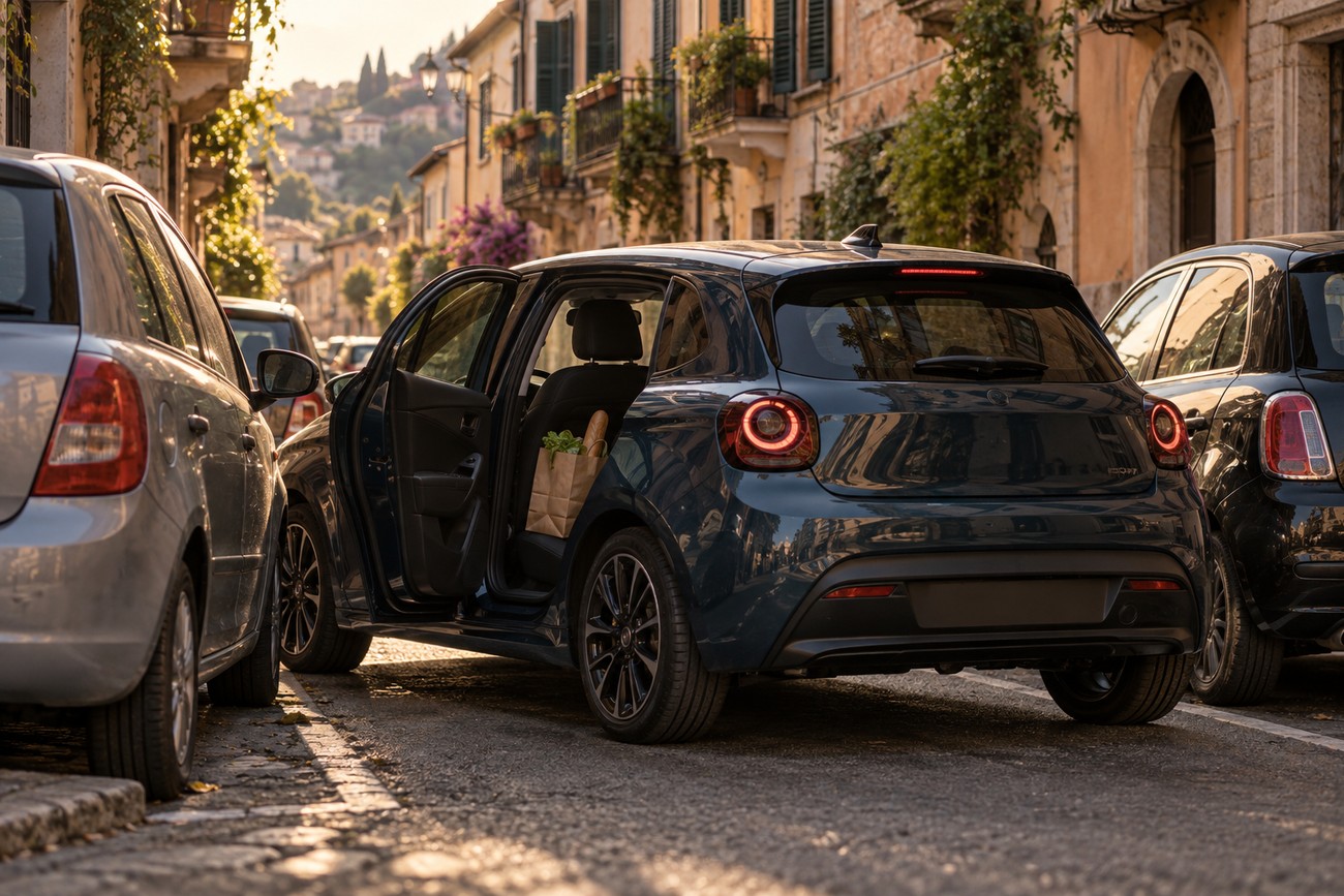 Rear view of a dark blue Lancia Ypsilon supermini parked on a narrow Italian street with open doors and a shopping bag on the back seat