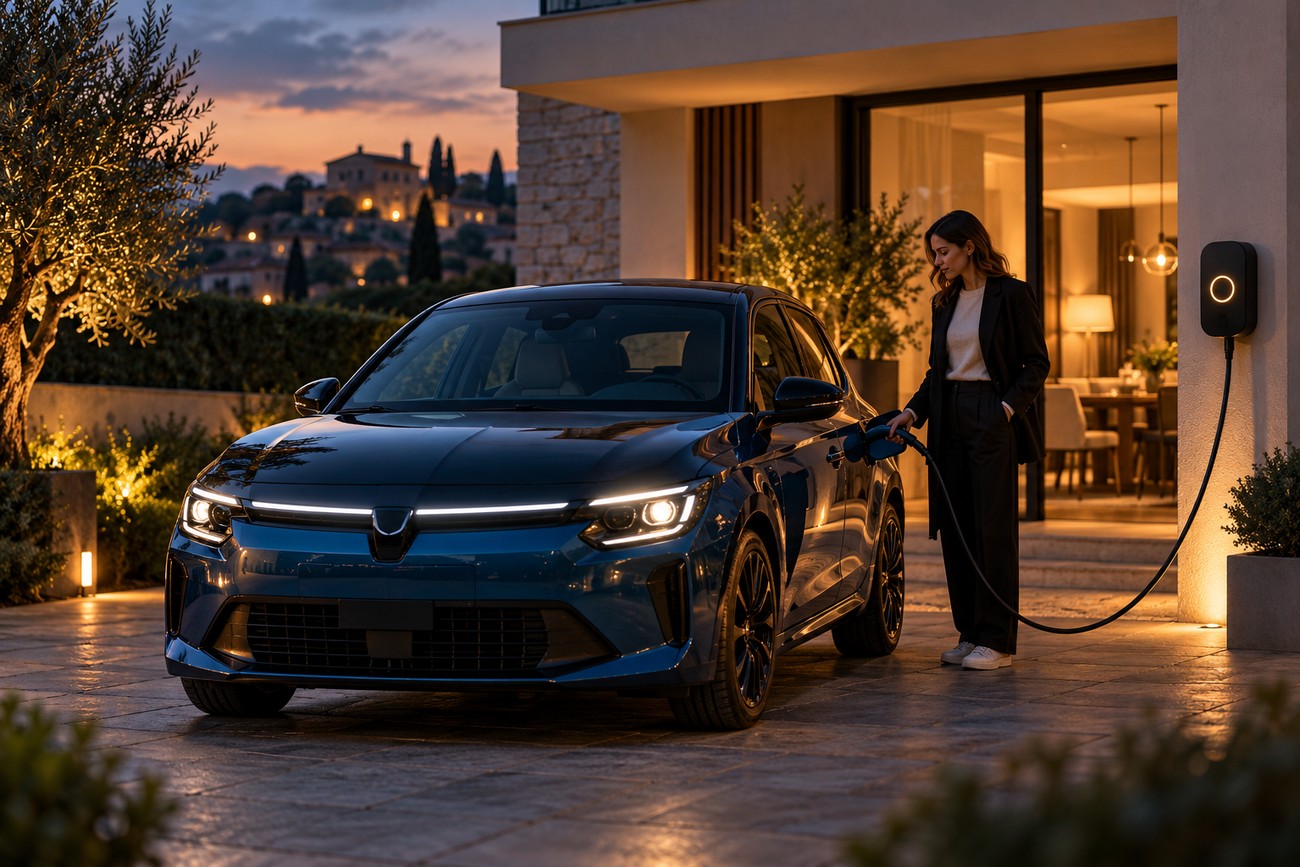 A woman charging a modern blue Lancia Ypsilon electric supermini parked outside a contemporary villa at sunset