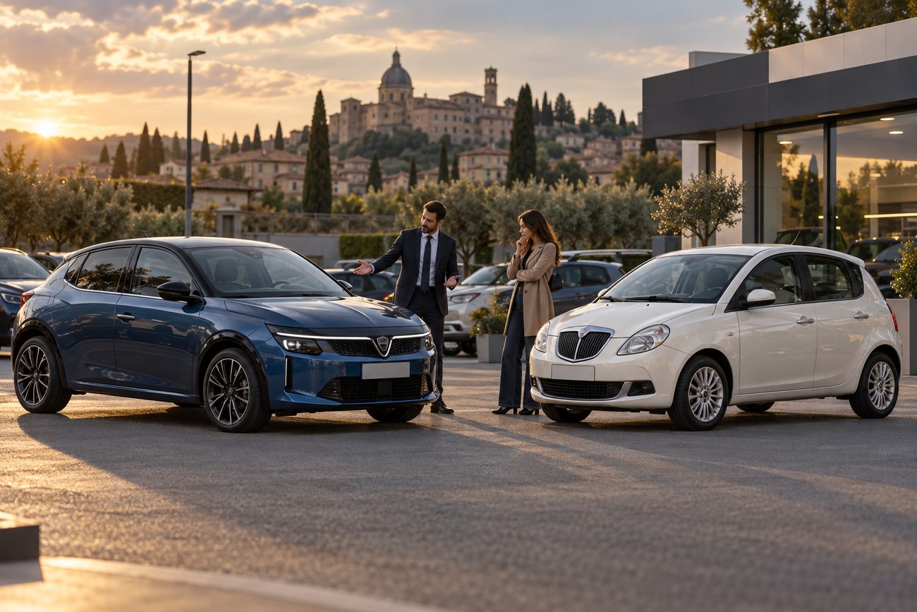 A car salesman gestures toward a blue Lancia Ypsilon while a woman looks at a white older generation model outside a dealership with an Italian town in the background