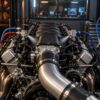 A powerful car engine on a dyno bench with visible nitrous oxide solenoids spraying into the intake manifold next to a blue nitrous bottle