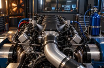 A powerful car engine on a dyno bench with visible nitrous oxide solenoids spraying into the intake manifold next to a blue nitrous bottle