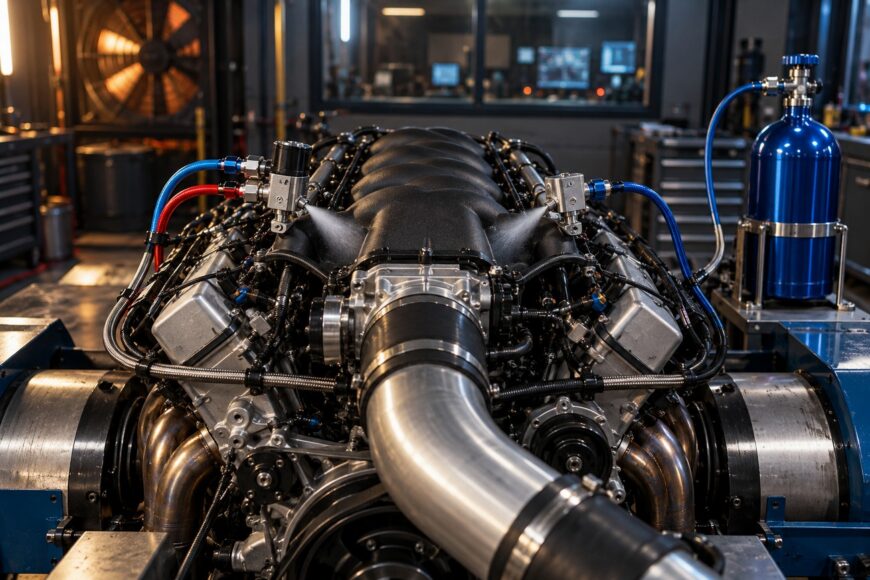 A powerful car engine on a dyno bench with visible nitrous oxide solenoids spraying into the intake manifold next to a blue nitrous bottle